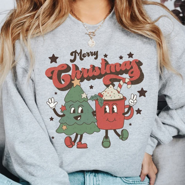 Merry Christmas Christmas Tree & Cocoa Cartoons Crew Sweatshirt