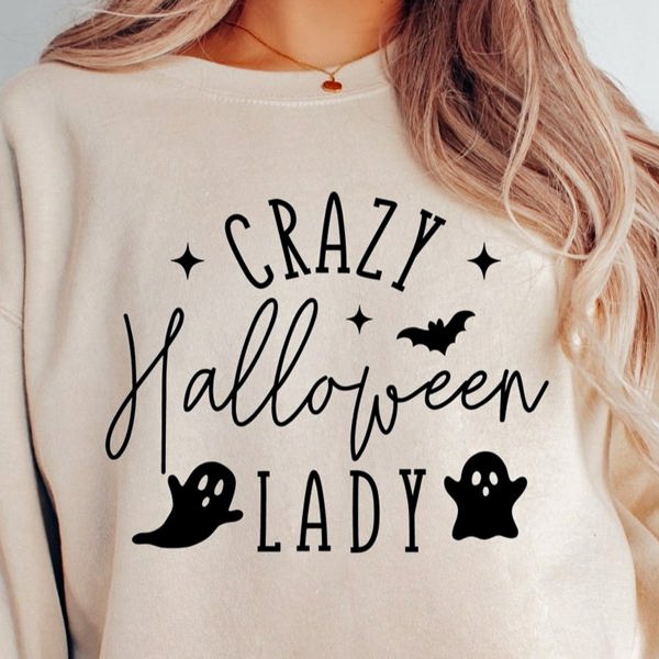 Crazy Halloween Lady Crew Sweatshirt