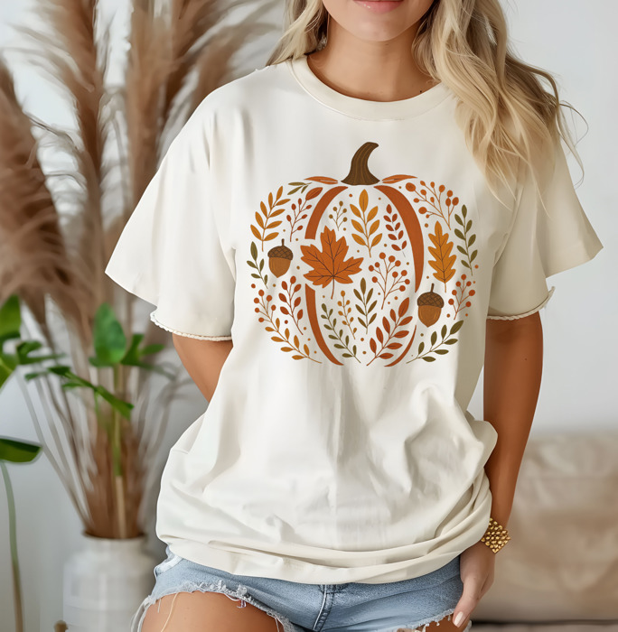 Chinoiserie Pumpkin Fall Graphic Tee Vintage Boho Autumn Leaves Acorns Cozy Harvest Shirt Tshirt
