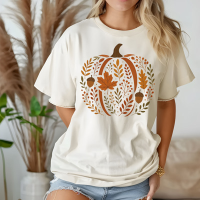 Chinoiserie Pumpkin Fall Graphic Tee Vintage Boho Autumn Leaves Acorns Cozy Harvest Shirt Tshirt