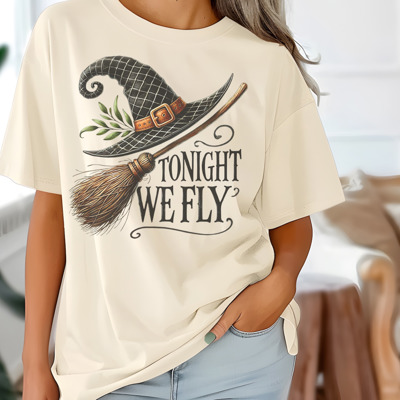 Tonight We Fly- Halloween Witches Graphic Tee Spooky Vintage Witchy T-Shirt for Women Fall Cozy Costume Outfit