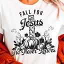  Fall For Jesus He Never Leaves Cross & Pumpkins Tee