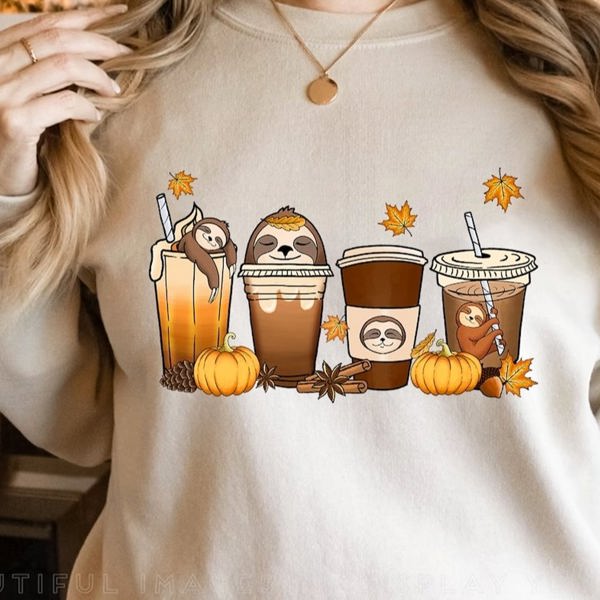 4 Pumpkin Spice Drinks With Sloths Crew Sweatshirt