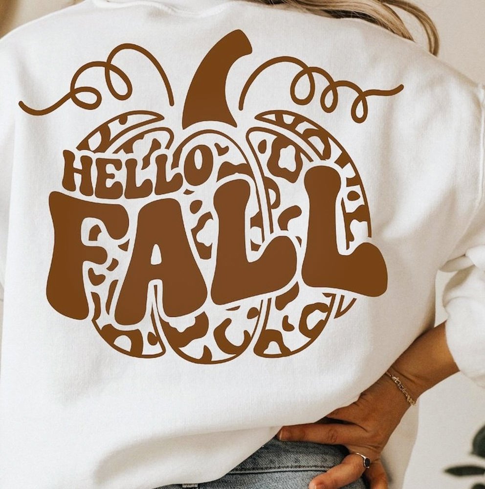 Hello Fall Cheetah Print Pumpkin (Back Print) Crew Sweatshirt