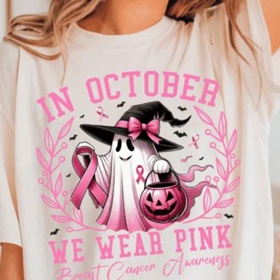 In October We Wear Pink T-Shirt – Breast Cancer Awareness Ghost Graphic Tee with Ribbon & Pumpkin