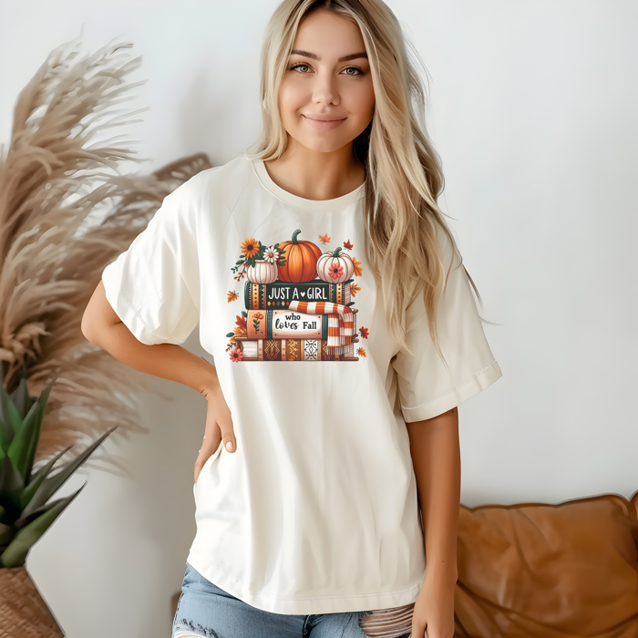 Just Girl Who Loves Fall Graphic Tee Pumpkin Autumn Leaves Cozy Books Shirt Vintage Fall Outfit Cute Thanksgiving Harvest Top