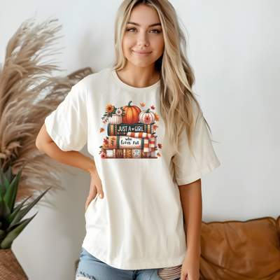 Just Girl Who Loves Fall Graphic Tee Pumpkin Autumn Leaves Cozy Books Shirt Vintage Fall Outfit Cute Thanksgiving Harvest Top