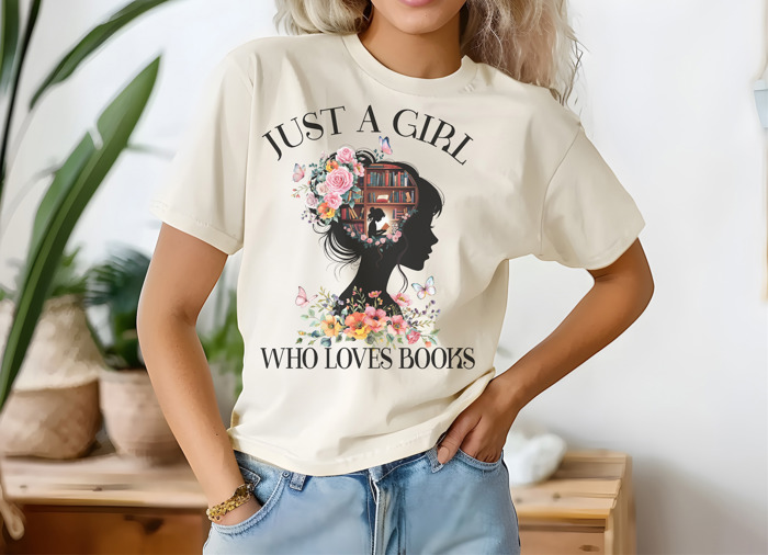 Just Girl Who Loves Books- Graphic Tee Cute Floral Reading Shirt for Women, Bookworm Gift, Literary Lover Top