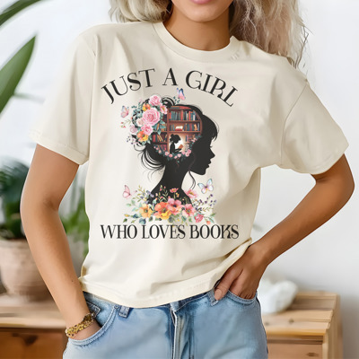 Just Girl Who Loves Books- Graphic Tee Cute Floral Reading Shirt for Women, Bookworm Gift, Literary Lover Top
