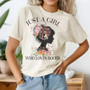  Just Girl Who Loves Books- Graphic Tee Cute Floral Reading Shirt for Women, Bookworm Gift, Literary Lover Top