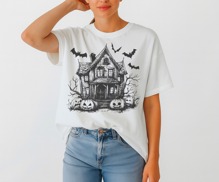 Vintage Haunted House Halloween Graphic Tee Spooky Pumpkin Bat Shirt Gothic Scary Fall T-Shirt Trick or Treat Top