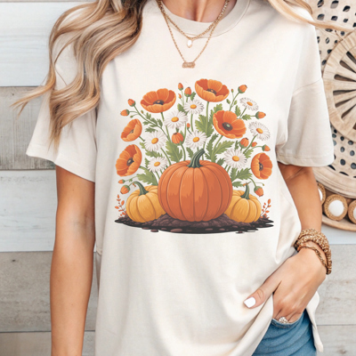 Cozy Fall Graphic Tee – Pumpkins & Wildflowers Autumn Harvest T-Shirt, Cute Thanksgiving Outfit, Seasonal Boho Style