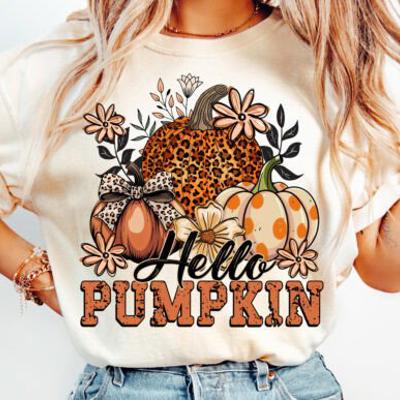 Hello Pumpkin Leopard Print Graphic Tee – Fall Floral Autumn Thanksgiving T-Shirt