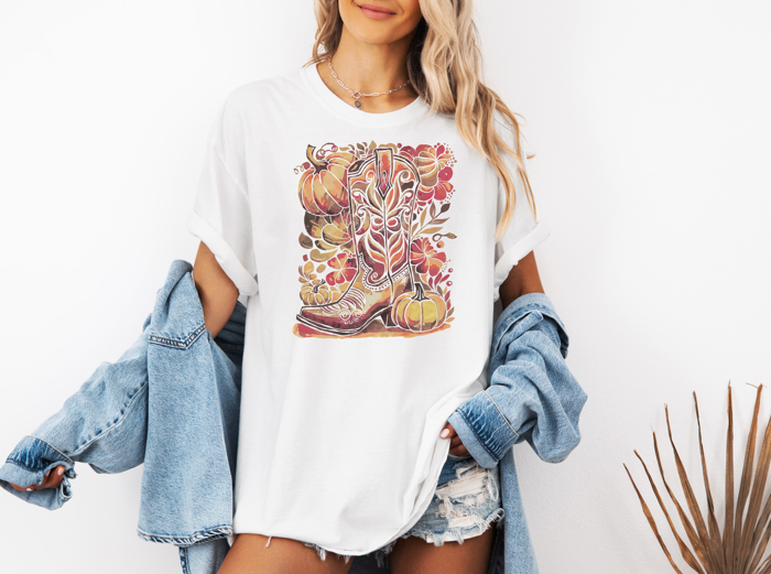 Western Cowboy Boots Floral Boho Tee Shirt Tshirt