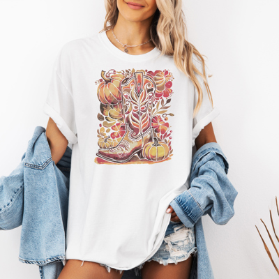 Western Cowboy Boots Floral Boho Tee Shirt Tshirt
