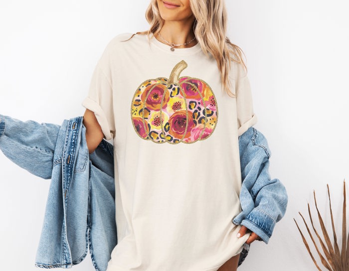 Floral Leopard Pumpkin Boho Graphic Tee – Fall Autumn Thanksgiving T-Shirt, Retro Harvest Outfit