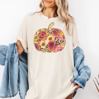Floral Leopard Pumpkin Boho Graphic Tee – Fall Autumn Thanksgiving T-Shirt, Retro Harvest Outfit