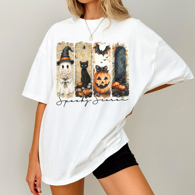 Spooky Season Tshirt - Halloween Graphic Tee with Ghost, Black Cat, Pumpkin & Tombstone Design