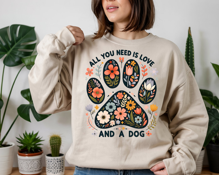 All You Need Is Love and a Dog – Cozy Sand Sweatshirt, Dog Lover Gift, Casual Fall Pullover, Pet Mom Crewneck