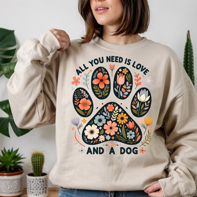 All You Need Is Love and a Dog – Cozy Sand Sweatshirt, Dog Lover Gift, Casual Fall Pullover, Pet Mom Crewneck