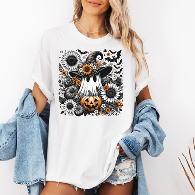 Spooky Ghost Flower Graphic Tee – Halloween Witch Hat Shirt with Pumpkins, Sunflowers & Bats