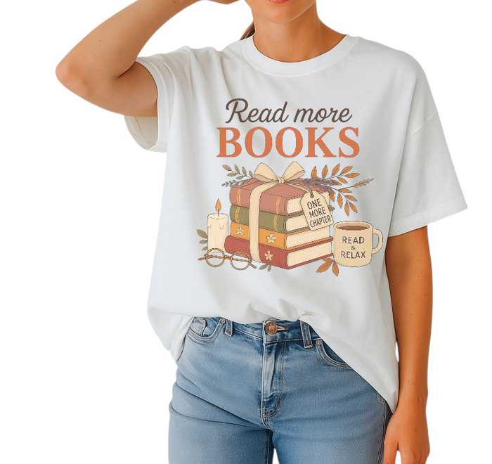 Read More Books- Cozy Fall Graphic Tee Book Lover T-Shirt Cute Reading Gift Bookworm Aesthetic Top for Women
