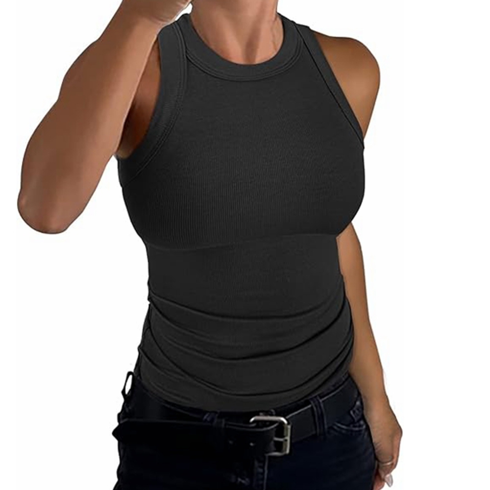 Womens Sleeveless Racerback High Neck Casual Basic Cotton Ribbed Fitted Tank Top