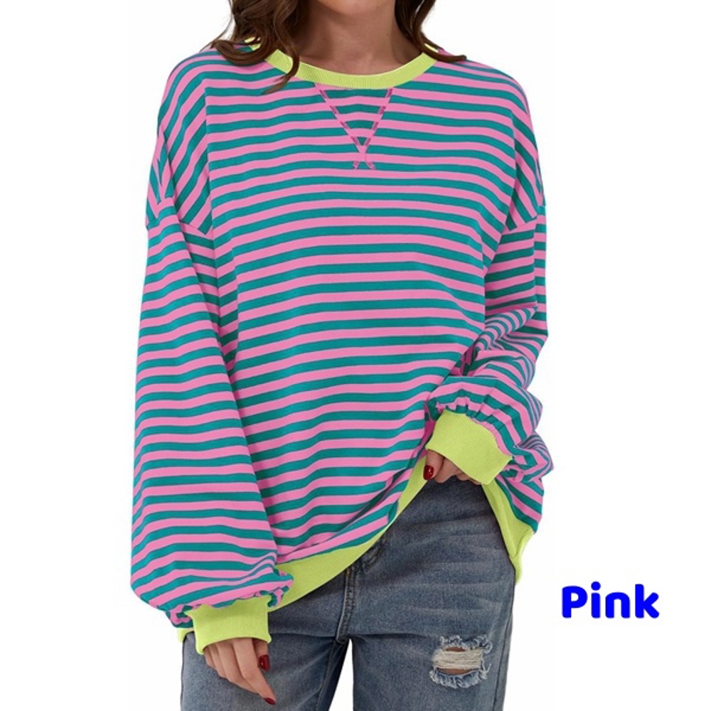 Women Striped Oversized Sweatshirt Color Block Crew Neck Long Sleeve Shirt Casual Pullover Top Fall Y2K Clothes