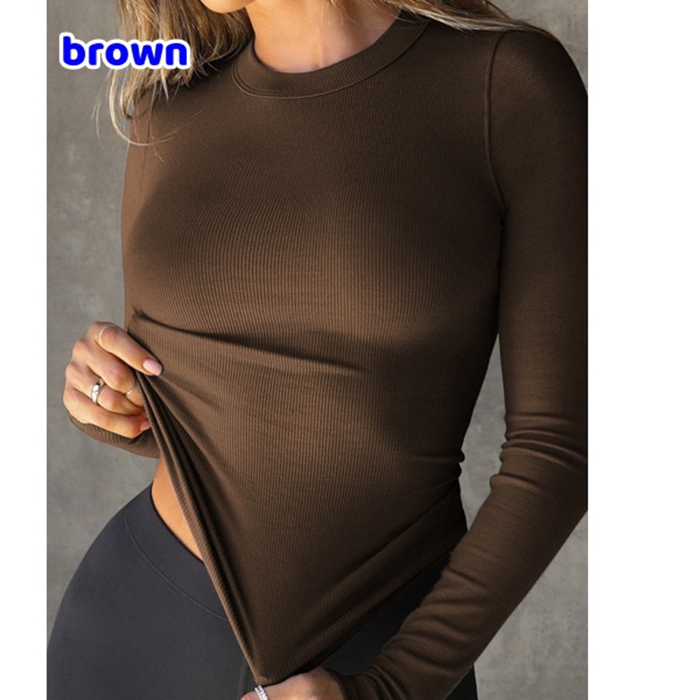 Womens Fall Long Sleeve Stretch Slim Round Neck Ribbed Basic Shirts