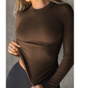  Womens Fall Long Sleeve Stretch Slim Round Neck Ribbed Basic Shirts