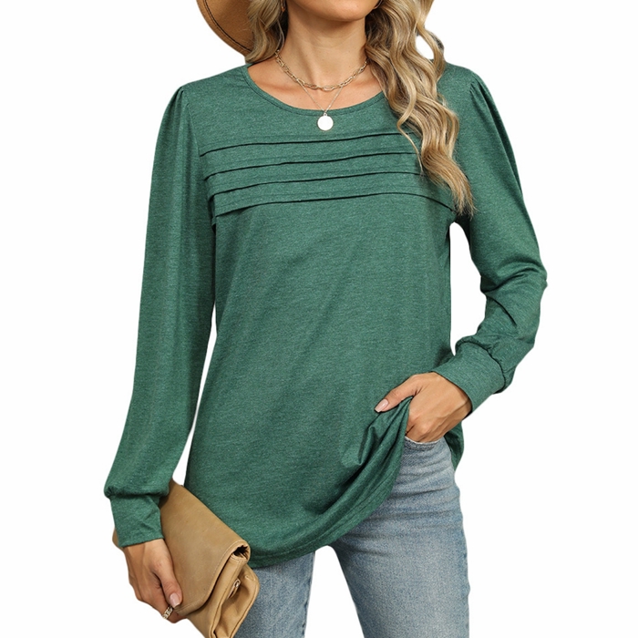 Womens Puff Long Sleeve Shirts Round Neck Ruffle Sleeve Tops Fall 