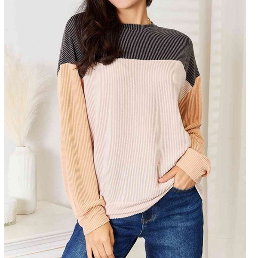 Womens Fashion 2024 Color Block Long Sleeve Crewneck Knitted Casual Loose Pullover Shirts Tops