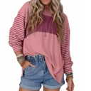  Long Sleeve Fall Tops Oversized 2024 Trendy Round Crew Neck Casual Color Block Womens Shirts Blouses