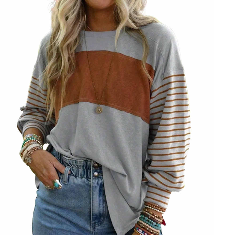 Long Sleeve Fall Tops Oversized 2024 Trendy Round Crew Neck Casual Color Block Womens Shirts Blouses