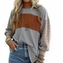  Long Sleeve Fall Tops Oversized 2024 Trendy Round Crew Neck Casual Color Block Womens Shirts Blouses