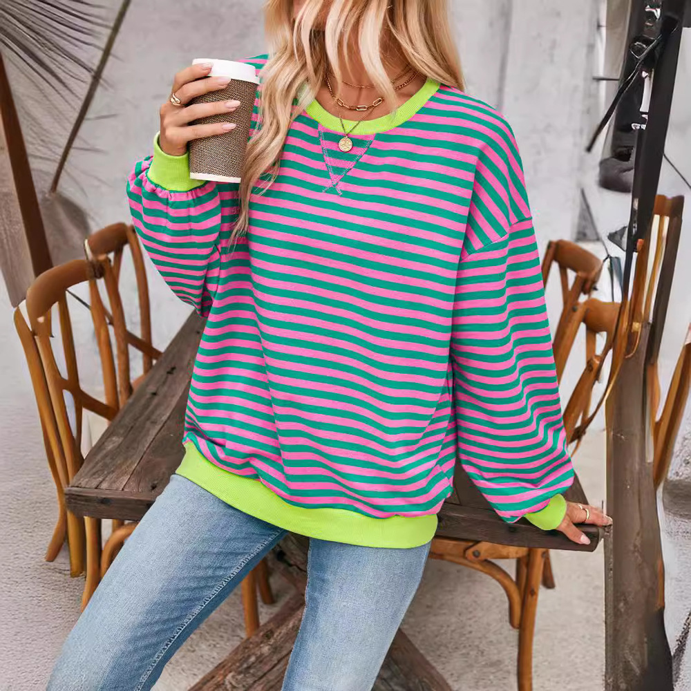 Women Striped Oversized Sweatshirt Color Block Crew Neck Long Sleeve Shirt Casual Pullover Top Fall Y2K Clothes