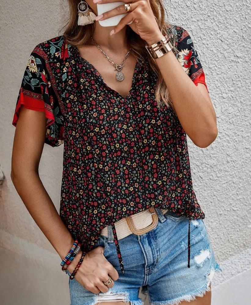 Boho Floral Print V Neck Ruffle Short Sleeve T Shirt Blouse Casual Top