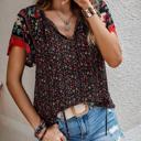 Brown Small Boho Floral Print V Neck Ruffle Short Sleeve T Shirt Blouse Casual Top