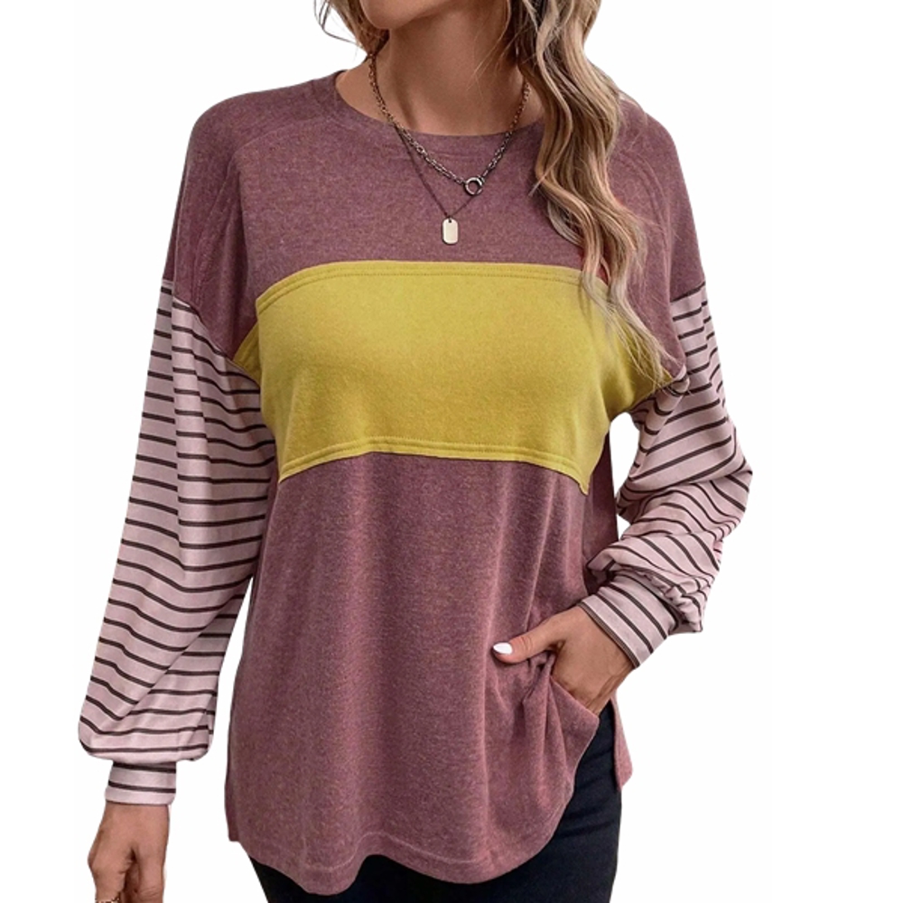 Long Sleeve Fall Tops Oversized 2024 Trendy Round Crew Neck Casual Color Block Womens Shirts Blouses