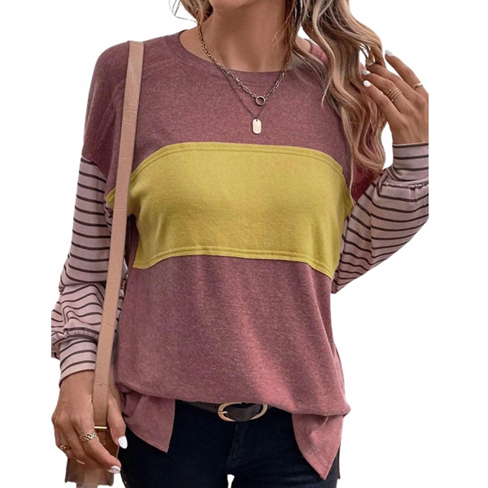 Long Sleeve Fall Tops Oversized 2024 Trendy Round Crew Neck Casual Color Block Womens Shirts Blouses