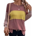  Long Sleeve Fall Tops Oversized 2024 Trendy Round Crew Neck Casual Color Block Womens Shirts Blouses