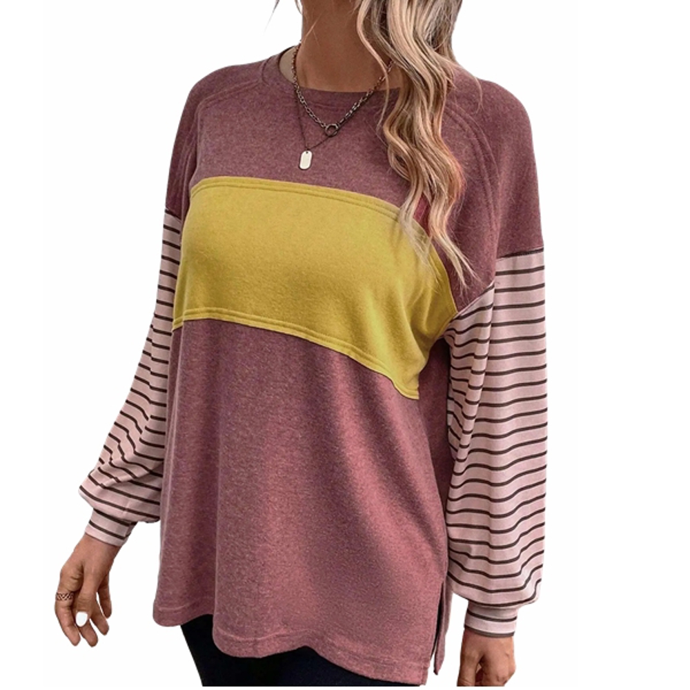 Long Sleeve Fall Tops Oversized 2024 Trendy Round Crew Neck Casual Color Block Womens Shirts Blouses