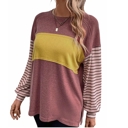  Long Sleeve Fall Tops Oversized 2024 Trendy Round Crew Neck Casual Color Block Womens Shirts Blouses