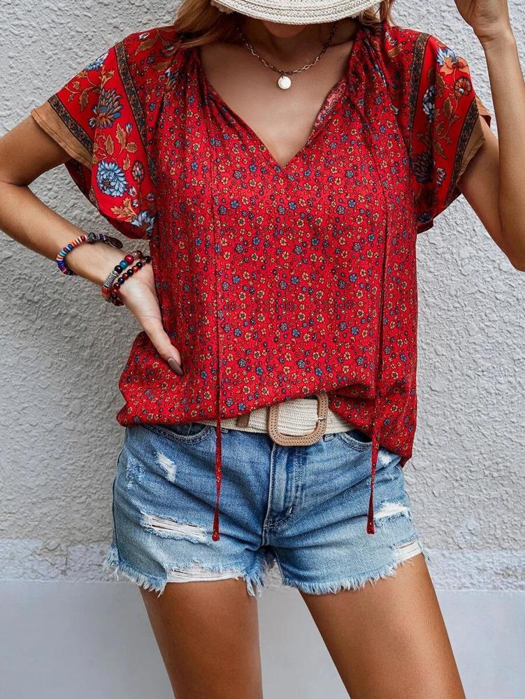 Boho Floral Print V Neck Ruffle Short Sleeve T Shirt Blouse Casual Top