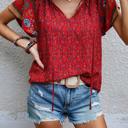  Boho Floral Print V Neck Ruffle Short Sleeve T Shirt Blouse Casual Top