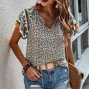  Boho Floral Print V Neck Ruffle Short Sleeve T Shirt Blouse Casual Top