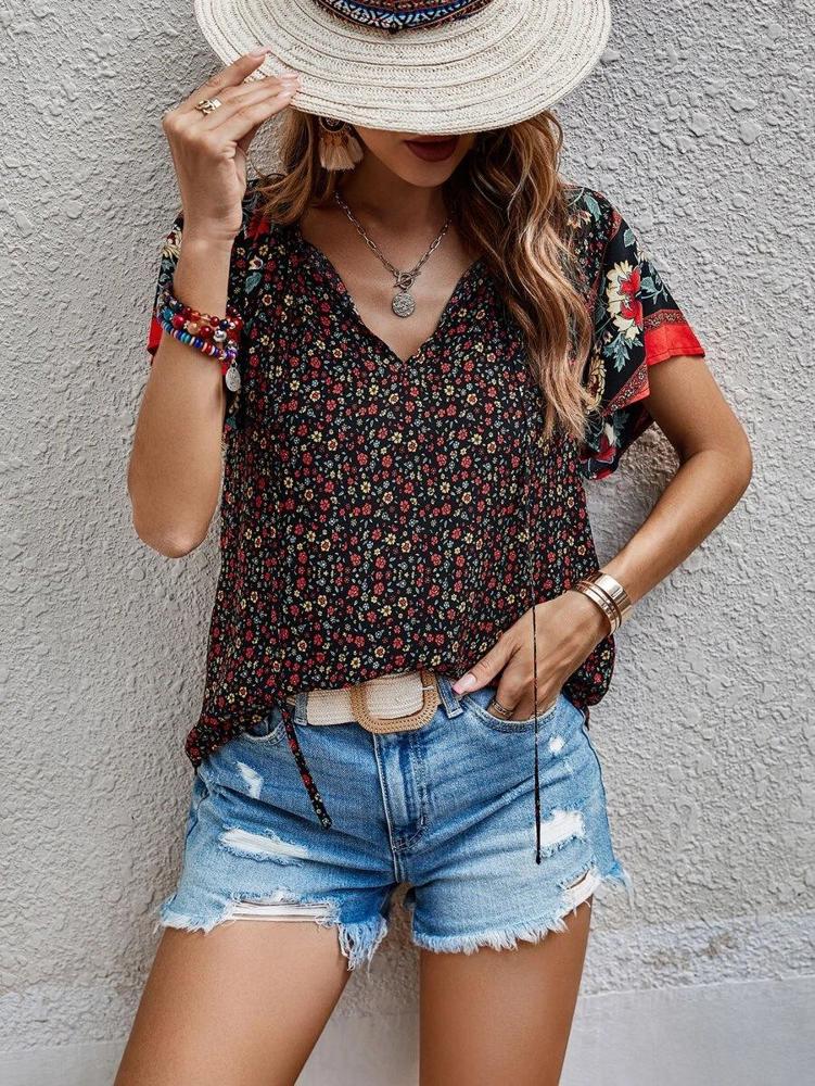 Boho Floral Print V Neck Ruffle Short Sleeve T Shirt Blouse Casual Top