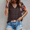  Boho Floral Print V Neck Ruffle Short Sleeve T Shirt Blouse Casual Top