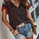  Boho Floral Print V Neck Ruffle Short Sleeve T Shirt Blouse Casual Top