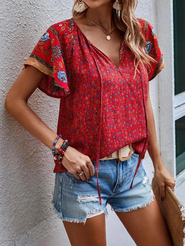 Boho Floral Print V Neck Ruffle Short Sleeve T Shirt Blouse Casual Top